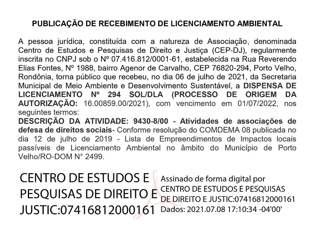 Licenciamento Ambiental - Centro de Estudos e Pesquisa de Direitos e Justiça - Gente de Opinião