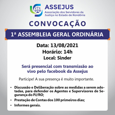 ASSEJUS/RO, convoca todos os associados, para a Assembleia Geral Ordinária - Gente de Opinião