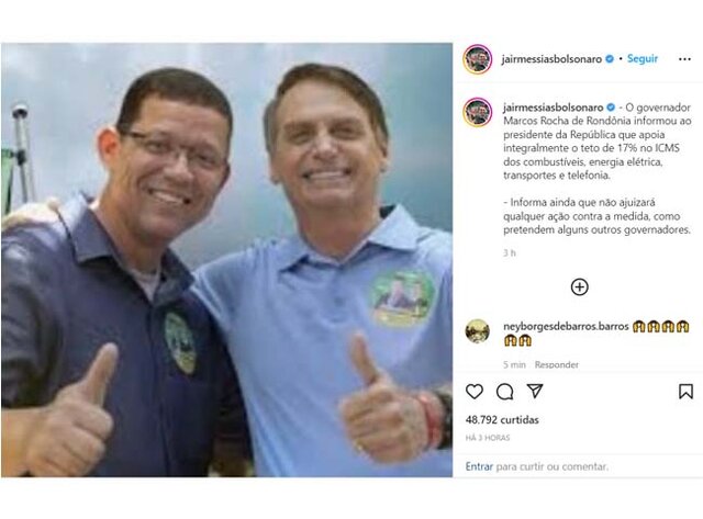 Presidente Bolsonaro anunciou em suas redes sociais que tem o apoio do governador Marcos Rocha - Gente de Opinião