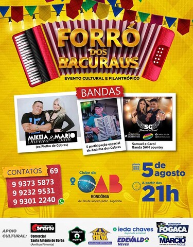 Vem aí  Forró dos Bacurau’s - Evento cultural e filantrópico acontece dia 05 de agosto, no clube da OAB - Gente de Opinião