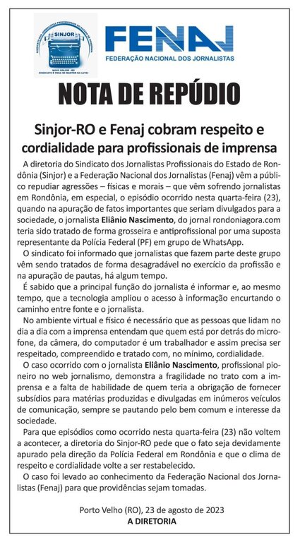 Sinjor e Fenaj cobram respeito e cordialidade para profissionais de imprensa - Gente de Opinião