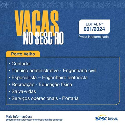 Sesc RO abre inscrições para processo seletivo com prazo indeterminado - Gente de Opinião