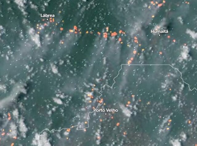 Imagem da  Sala de Situação da Sedam comprova que a fumaça que voltou a encobrir Porto Velho está vindo do Sul do Amazonas - Gente de Opinião