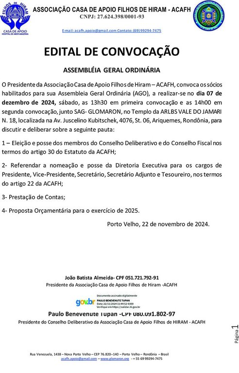 Edital de Convocação da Associação Casa de Apoio Filhos de Hiram - Assembleia Geral Ordinária - Gente de Opinião