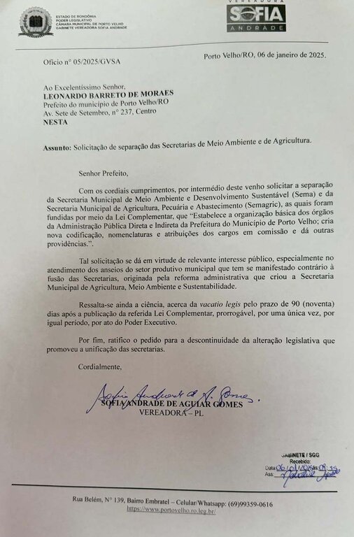 Vereadora Sofia Andrade solicita separação das secretarias de meio ambiente e agricultura em Porto Velho - Gente de Opinião